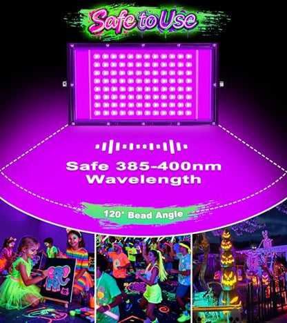 TigQiang 100W 4 Pack Black Light, Glow Party Supplies, Blacklight Halloween | IP66 Waterproof, Blacklights Flood Light for Neon Parties, Body Paint, Birthday, Fluorescent Poster, 6Ft Cord & Plug & Switch - size: 100W-4Pack