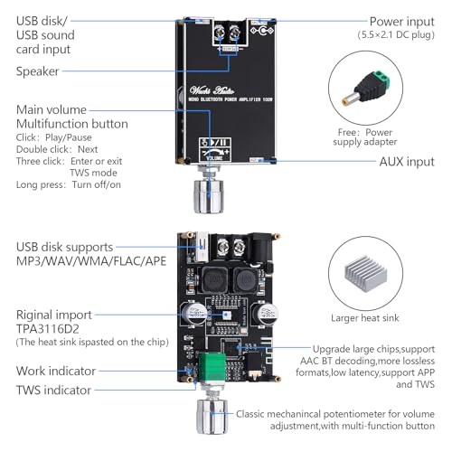 2Pack ZK-1001B Bluetooth Amplifier Board, 100W Mono AMP TWS Mini Amps | Audio Power Amplifier Module with Box Matching for Home Speaker System, Bluetooth/AUX/USB Input, APP Control DC 7-24V - color: Black1 2PCS ZK-1001B
