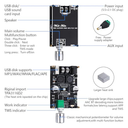 2Pack ZK-1001B Bluetooth Amplifier Board, 100W Mono AMP TWS Mini Amps | Audio Power Amplifier Module with Box Matching for Home Speaker System, Bluetooth/AUX/USB Input, APP Control DC 7-24V - color: Black1 2PCS ZK-1001B