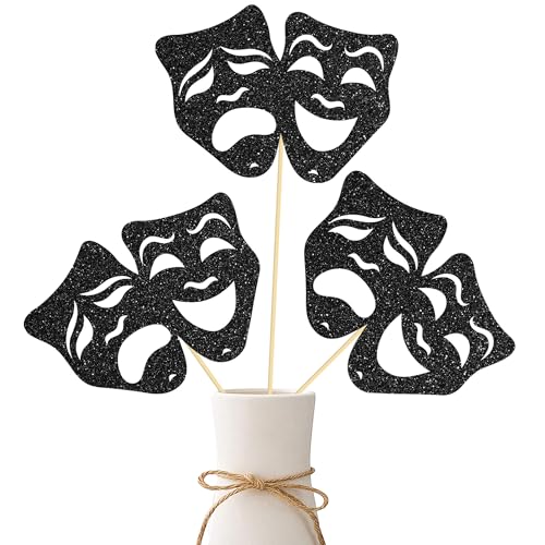umoni Comedy Tragedy Mask Centerpiece Sticks Glitter Black Theatrical Mask Table Decorations 12PCS Theatrical Masks Party Table Toppers Film Birthday Decor for Movie Night Drama Party Supplies