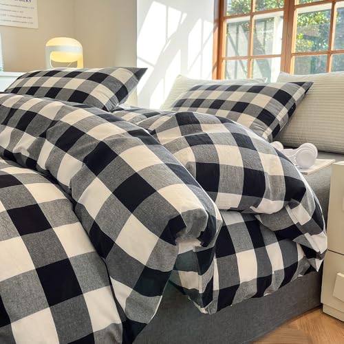 FACE TWO FACE Bedding Duvet Cover Set100% Washed Cotton Duvet Cover Linen Like Textured Breathable Durable Soft Comfy (Queen, Black and White Grid) - color: Black and White Grid, size: Queen