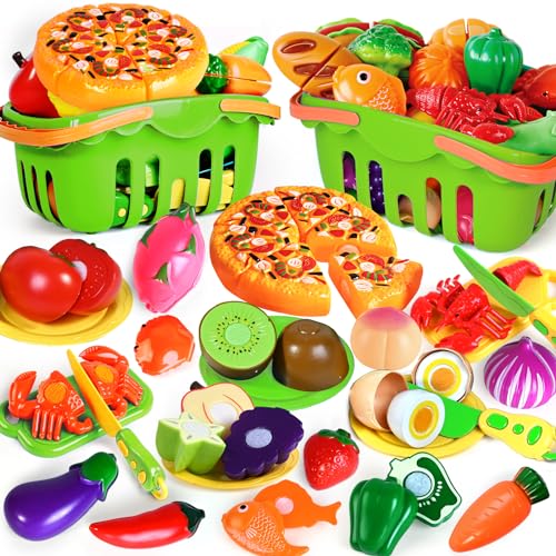 100 PCS Cutting Play Food Toy for Kids Kitchen, Pretend Food Kitchen Toys Accessories with 2 Baskets, Fake Food/Fruit/Vegetable, Christmas Birthday Gifts for 2 3 4 5 Years Old Toddlers Boys Girls - color: Green