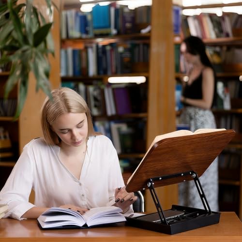 Wooden Book Stand for Reading with Storage Box Non-Slip Base | Adjustable Height & Angle, Foldable Desktop Riser with Page Clip, Hands Free, for Kitchen Counter, Cookbook, Recipe, Laptop