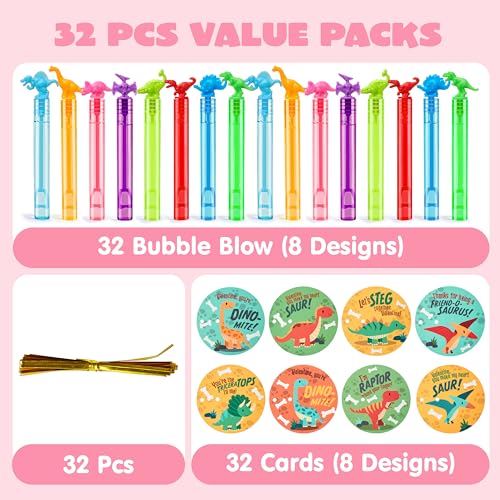 JOYIN 32 Packs Valentine's Day Gift Cards with Mini Bubble Wands for Kids, Valentine's Party Favor, Classroom Exchange Gift for Kids, Holiday Reward Prizes - style: Dinosaur