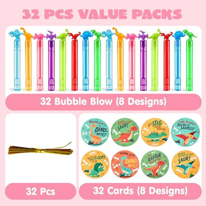 JOYIN 32 Packs Valentine's Day Gift Cards with Mini Bubble Wands for Kids, Valentine's Party Favor, Classroom Exchange Gift for Kids, Holiday Reward Prizes - style: Dinosaur