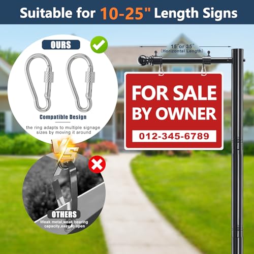 Heavy Duty Real Estate Sign Post Holder- 7 FT Adjustable Metal Yard Sign Stand with Adjustable 32" Arm &Spiral Ground Stakes, Rust-Proof Coating, Universal Sign Holder for Traffic, Construction, Events, Weatherproof & Long-Lasting - color: Black
