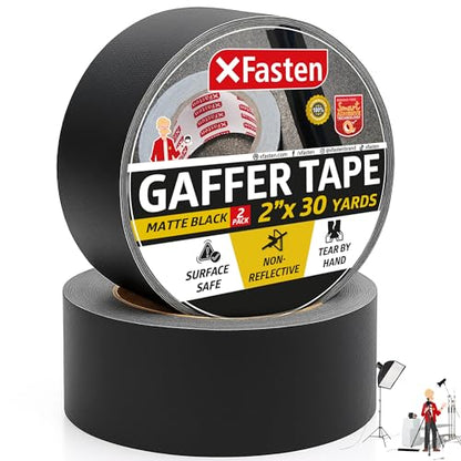 XFasten Black Gaffers 테이프 5.1cm(2인치) x 27.4m(30야드), 잔여물 없는 강한 접착력 (총 54.9m(180피트) 2팩) 전기 코드, 사진, 체육관 바닥 스테이지 마킹용 매트 블랙 비반사 테이프 - color: 블랙., size: 2 inch x 30 yards (2 packs)