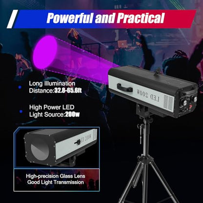 200W LED Follow Spotlight Stage Light, AC 110V Adjustable Aperture LED DJ Performance Lights with Stand, Manual Control Follow Spot Light DJ Wash Light w/Stand