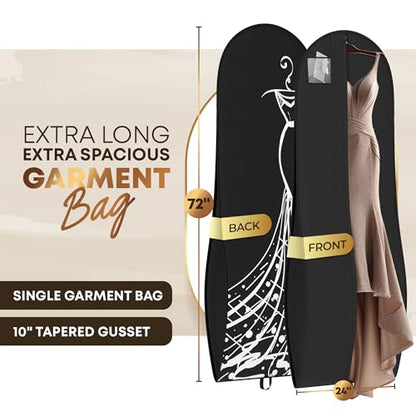 Your Bags Women’s Dress and Gown Garment Bag -72”x24” and 10” Tapered Gusset Prom Bags (Black/White Dress Print) - color: Black/White Dress Print