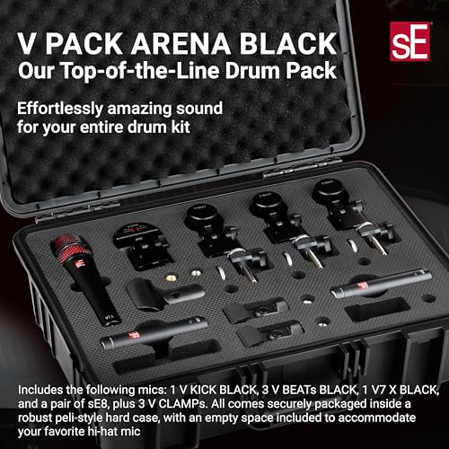 SE ELECTRONICS V Pack Arena Black Drum Mic Kit for Toms, Snares & Bass Drums - Includes 1 V Kick, 3 V Beats, 3 V Clamps, 1 V7 X Instrument Microphone, 2 sE8 Condensers & More - color: V Pack Arena Black