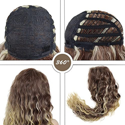 26 inch Long Curly Wigs for Women Brown Mixed Blonde Wig with Highlights - color: Brown Mix Blonde