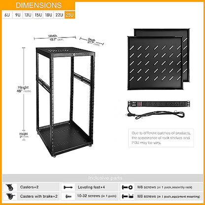 RIVECO 25U Network Rack with Reinforced Top Cover - 4 Post Floor Rack on Wheels for 19" Equipment & Stereo Gear- Including Mount Power Strip & 2PCS 1U Shelves - size: 25U