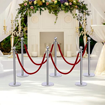 6PCS Stanchions and Velvet Ropes,4 Red 4.92" L Velvet Ropes and 37.4" H Stainless Steel Posts with Hollow Base, Crowd Control Barriers Stanchions, Carpet Runner Poles for Party Supplies,Sliver - color: Sliver