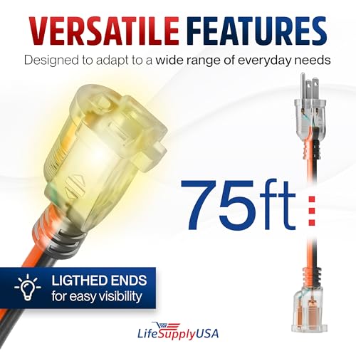 75ft Outdoor/Indoor Extension Cord 12/3 Gauge Extra Heavy Duty 3 Prong SJTW, Waterproof, Flexible Cold-Resistant Long Power Cord,15A 125V 1875W, Orange and Black by LifeSupplyUSA
