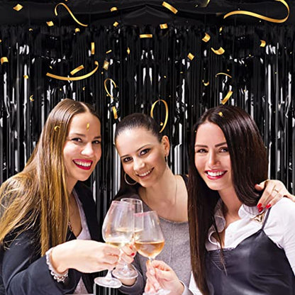 PIGETALE 2 Pack Black Foil Fringe Backdrop, 3.2 x 8.2 ft | Thicker 23 Micron PET with Vivid Black Shine for Doors Walls and Party Photo Areas - color: Black