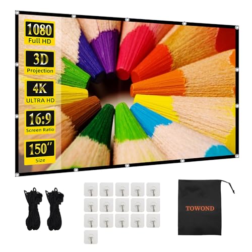 Projector Screen TOWOND 150 inch Projection Screen Indoor Outdoor Washable Anti-Crease 16:9 HD Rear Front Movies Screen for Home Theater Office | Anti-Crease16:9 HD Rear Front, Easy Install, for Home Theater, Office Education, Conference Presentation, Pub