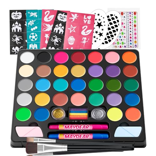 Maydear Face Painting Kit for Kids, 32 Colors Water Based Makeup Palette with Stencils, Glitters, Rainbow Split Cake, Hair Dye Clips, for Parties, Halloween, Safe Professional Face Body Paint Kit - color: 32 Colors