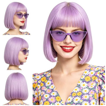 Short Bob Straight Hair Wigs with Bangs, Synthetic Fiber Colorful Hair, Cat Eye Glasses for Women (Pink-Purple) - color: Pink-Purple