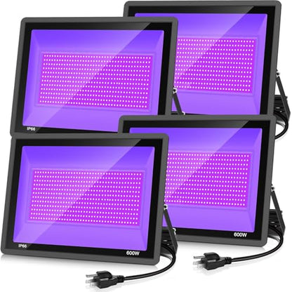 YANYCN 600W 4 Pack LED Black Light,395nm to 405nm LED UV Blacklight, IP66 Waterproof Black Flood Light Outdoor with Plug and SwitchNeon Glow for Glow Party, Halloween, Fluorescent Poster, Body Paint - size: 4pack 600W led black light