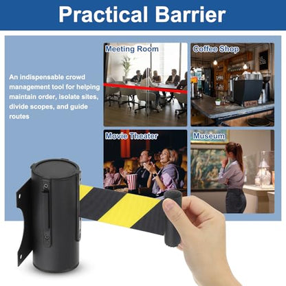 MECCANIXITY Fixed Wall Mount Retractable Belt Barrier, 9.84 ft Fixed Crowd Control Retractable Belts for Queue Black Yellow Diagonal Stripe Belt with Black ABS Case Pack of 4 - color: Black Yellow Stripe, size: 9.84 ft
