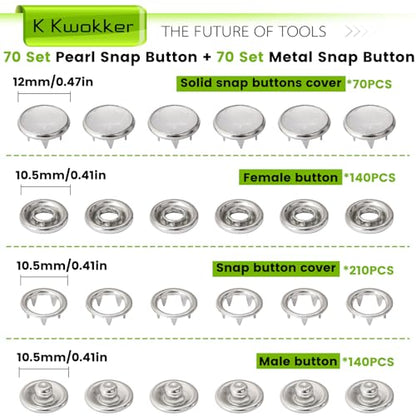 K Kwokker Pearl Snaps for Fabric w/Snap Pliers, 140 Set, 12mm Metal Snap Button Kit for Clothing, Shirts, Onesie, Romper, Denim, Bag, Sewing Supplies, Snap Fastener Tool for Clothes - color: B. Pearl White
