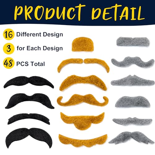 48 Pcs Fake Mustaches, Self Adhesive Fake Beard, Novelty Hairy Beard, Costume Facial Hair for Halloween Party - color: Yellow+black+gray