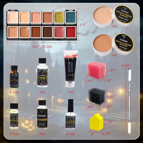 SFX Makeup Kit 12 Color Palette Scar Wax Halloween Cosplay | Spirit Gum, Fake Blood, Activator, Sealer & makeup tools for face body painting, theater, parties and special effects