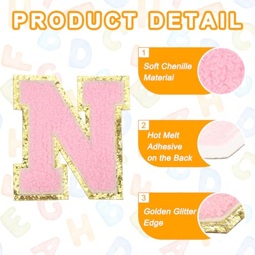MECCANIXITY Chenille Letter Patches 3.1" Alphabet N Iron on Embroidered Patch Sew on Letter Stickers Applique for Repairing Clothing Jeans Shoes Hats DIY(Pink, Pack of 6) - style: Letter-N