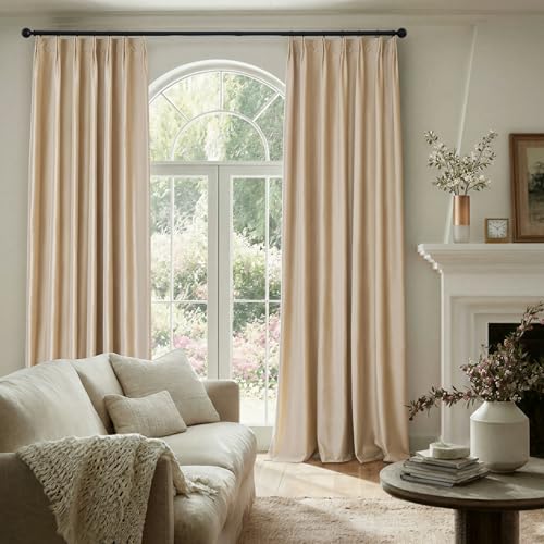 Beige Champagne Velvet Curtains 96 Inch: Living Room Pinch Pleated 2 Panels Luxury Darkening Thermal Insulated Drape with Hooks- Elegant Soundproof Noise Reducing Back Tab Window Curtain for Bedroom - color: Pinch Pleated | Beige/Champagne, size: 40"W x 9