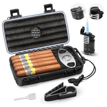 Flauno Travel Cigar Humidor Case - Portable Humidor Kit with Lighter (Without Gas), Cutter, Holder, Humidifier & Dropper, Waterproof, Crushproof, Airtight Seal (Holds up to 5 Cigars) - size: Holds up to 5 Cigars with Cigar Lighter