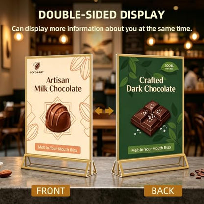 3 Pack Gold Acrylic Sign Holder 8.5 x 11 Inches, Double-Sided Gold Frames | Clear Tabletop Display Stand, Vertical Menu & Flyer Holder for Restaurants, Cafes, Stores, Hotels, Offices, Reception Desk
