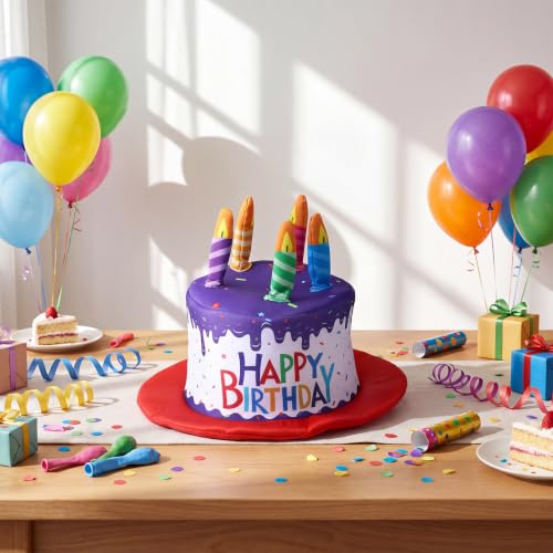 Cuffbow Happy Birthday Cake Hat for Adults Funny Birthday Hat with Candles Novelty Cake Hats for Party Headwear Unisex - color: Purple and Red
