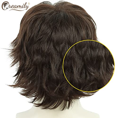 Creamily Mens Brown Wig Wolf Cut Mullet Wig Short Synthetic Hair Wigs Natural Looking Heat Resistant Fluffy Layered Mens Wigs for Halloween Cosplay Costume - color: H-Mullet Brown