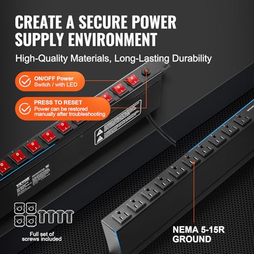 VEVOR 10 Outlet Horizontal 1U Rack Mount PDU Power Strip for Network Server Racks, 10 Individual Led Switches Surge Protection & Overload Protection, 110-125V/15A, with 6ft 14AWG Power Cord - style: 10 Outlet-Individual Switches