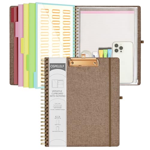 Ospelelf Brown Foldable Spiral Clipboard Folio with Storage Zipper Pouch, 5 Plastic Folders with 10 Pockets, Refillable Lined Notepad (11" x 8.5"), Linen Hardcover Project Organizer - color: Brown