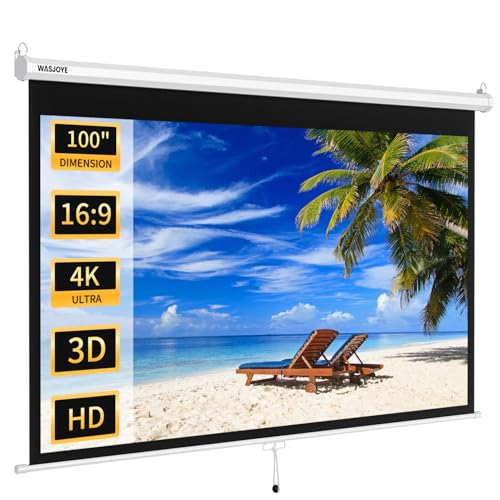 100'' Manual Pull Down Projector Screen with Auto Locking - 16:9 HD 4K 3D | Retractable Projection Screen 4K Projector Screen Anti-Crease for Home Theater Cinema Office Education Presentation - size: 100 Inch