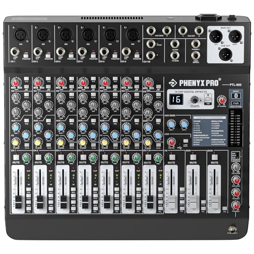 Professional 8-Channel Audio Mixer, Phenyx Pro DJ Sound Mixer Board w/Flexible AUX, BUS, SUB Routing, 16 DSP, BT Streaming & USB-B PC Recording, Mixing Console for Stage, Home Studio (PTL-800)