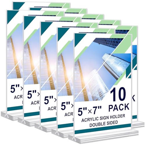 Acrylic Sign Holder 5 x 7, 10 Pack Clear Table Menu Vertical Display Stand Desktop Display Double Sided Stand Paper Holder Table Sign Suitable for Restaurants Office Store Show Fair