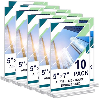 Acrylic Sign Holder 5 x 7, 10 Pack Clear Table Menu Vertical Display Stand Desktop Display Double Sided Stand Paper Holder Table Sign Suitable for Restaurants Office Store Show Fair