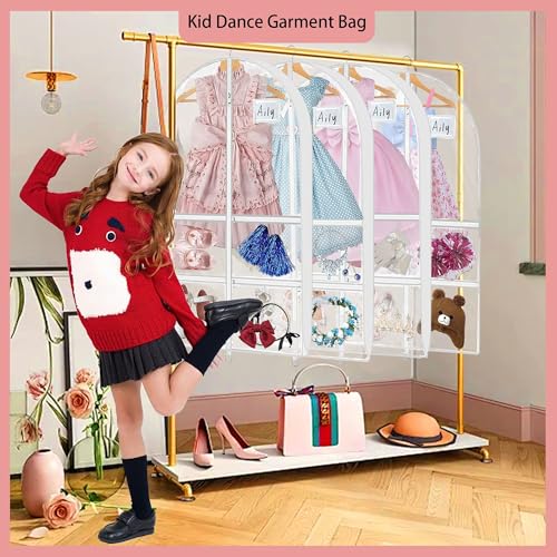 4 Pack 40" Clear Dance Garment Bags for Costumes Hanging, with 4 Medium Clear Zipper Pockets and 1 Large Back Zipper Pocket, Clothes Protector Cover for Travel Competition [Upgraded Version]