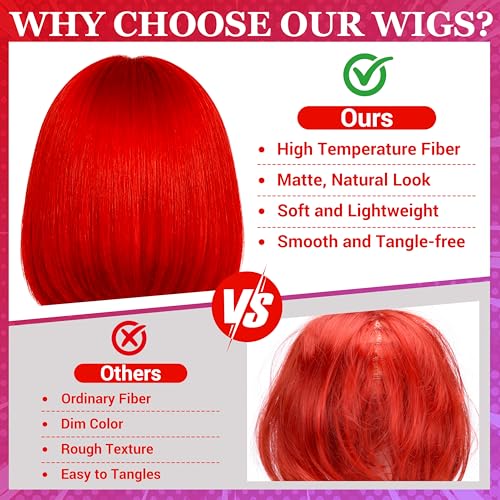 Short Bob Straight Hair Wigs with Bangs, Heat Resistant Fiber Hair, Heart-shaped Glasses for Women (Red) - color: Red