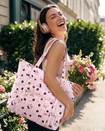Miss Adola Quilted Shoulder Tote Bag with Zipper for Women | Multi-Pocket Storage, Quilted Cotton Texture, Large Capacity, Top Zipper Closure, 16 Inch Laptop Fit, Work Travel Teacher - color: Cherry Bow
