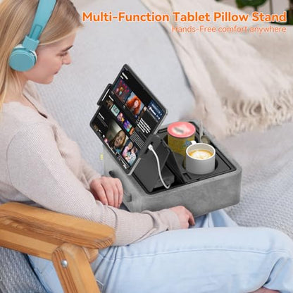 KDD Tablet Pillow Stand, Adjustable iPad Holder for Bed, Lap and Desk with Two Cup Holder and Storage Tray, 360°Rotating Clip Soft Dock Compatible with iPad Pro 12.9, Air, Mini, Phone and E-Reader