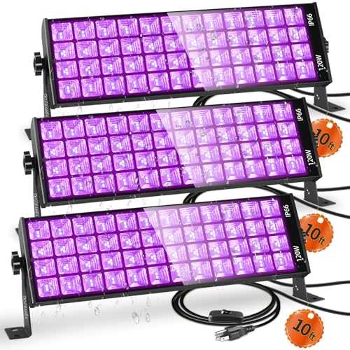 120W LED Black Light Bar, Aluminum Waterproof Black Lights, 3 Pack | IP66 Blacklight with 10FT Cord & Switch, for Halloween, Large Space Glow Party, Fluorescent Decor, Body Paint, Outdoor
