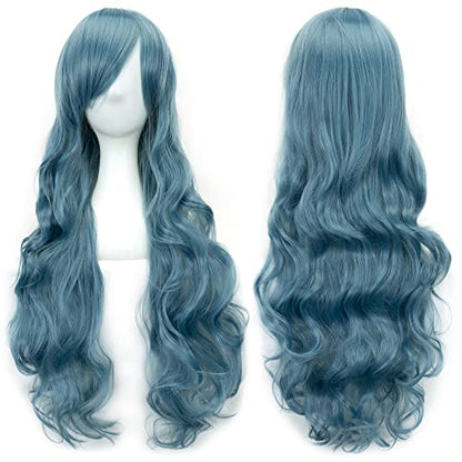 IMISSU 80cm Long Curly Natural Hair Cosplay Wig with Bangs Colorful Halloween Costume Party Wigs for Women (Navy Blue) - color: Navy Blue