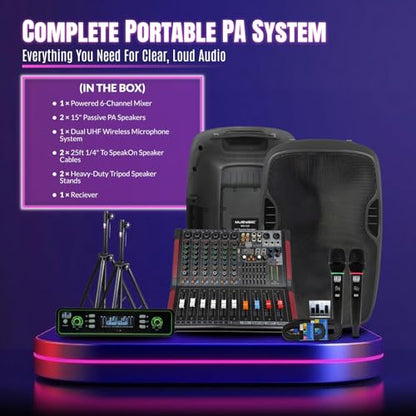 Pa System with Wireless Microphone and Speakers 15 ", 2000W Built-in amp | 6-channel audio mixer, Wireless Dual UHF mic, Tripod Stands and Complete PA kit for DJs, parties and events - size: 15 inch