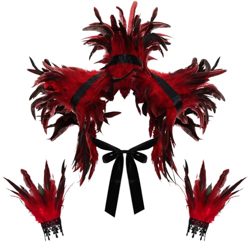 2Pcs Witch Feather Shawl Wrist Cuff for Women | Gothic Crow Shrug Shawl, for Halloween, Feather Costume Accessories - color: Red