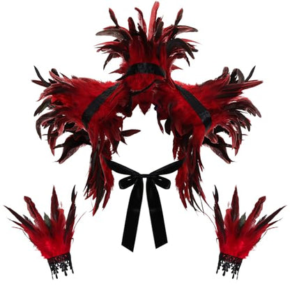 2Pcs Witch Feather Shawl Wrist Cuff for Women | Gothic Crow Shrug Shawl, for Halloween, Feather Costume Accessories - color: Red