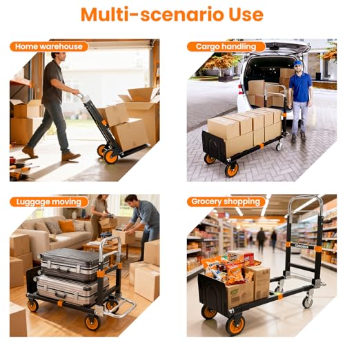 3-in-1 Folding Hand Truck,600lb Convertible 4 to 2 Wheel Dolly Cart Orange | For home office warehouse garage farm gym, carbon steel frame, base expands 35-44in, swivel rubber wheels, folds flat - color: Orange