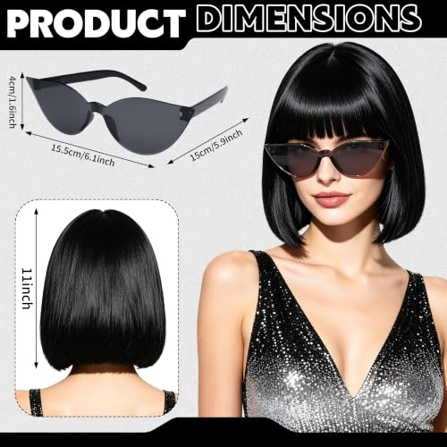 Short Bob Straight Hair Wigs with Bangs, Heat Resistant Fiber Hair, Cat Eye Glasses for Women (Black) - color: Black